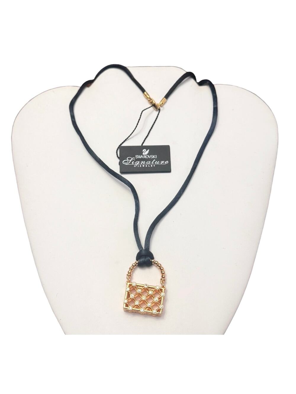 Swarovski Crystal Necklace Gold Handbag Pendant Black Silk Cord Swan Signed New